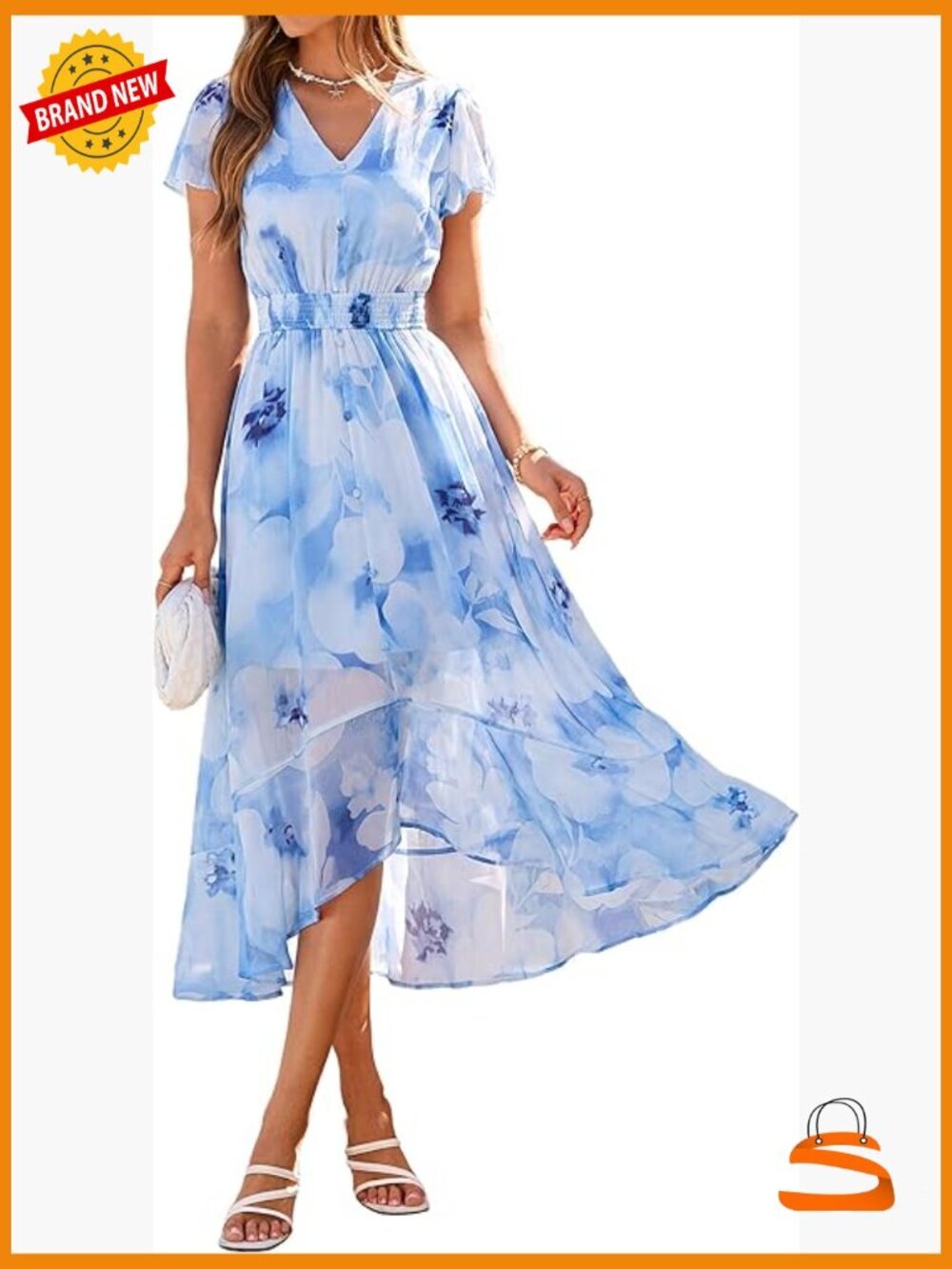 Floral Boho High Low Maxi Dress V Neck Short Sleeve Flowey Beach Wedding Guest
